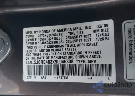 2009 Honda Cr-V Lx from USA, damaged, VIN 5J6RE483X9L045838